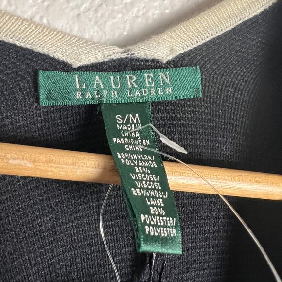 Lauren Ralph Lauren Black White Striped Wool Cardigan Cape Shawl Ruana Size M - Picture 3 of 5